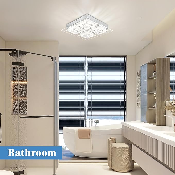 Hallway Light Fixture Crystal Flush Mount Ceiling Lights LED Square Bathroom Ceiling Light Dimmable 14 Inch 4000K Kitchen Ceiling Lighting Foyer Chrome Living Room Light