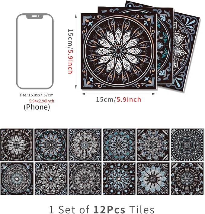 6X6 in Mandala Tile Stickers,12Pcs Wall Tile Decals | 1.6mm-Thick Foam+PE Tiles,Self Adhesive Backsplash Tile,Waterproof Removable Wall Decor for Kitchen,Bathroom
