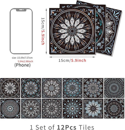 6X6 in Mandala Tile Stickers,12Pcs Wall Tile Decals | 1.6mm-Thick Foam+PE Tiles,Self Adhesive Backsplash Tile,Waterproof Removable Wall Decor for Kitchen,Bathroom