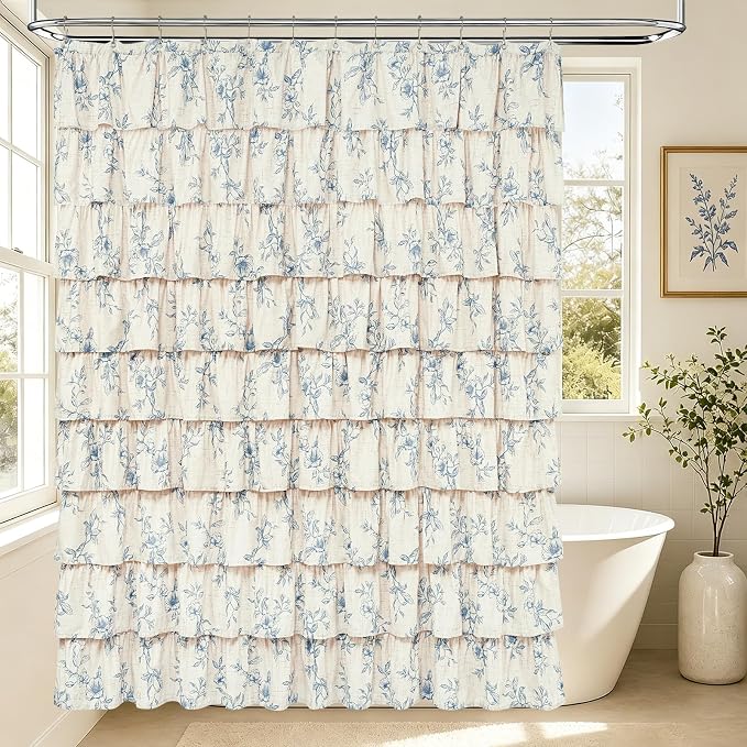 Yinhua Long Farmhouse Ruffle Shower Curtains with Blue Floral, 72" Wx78 L | French Country Vintage Rustic Washable Waterproof Shower Curtain for Bathroom Bathtub, 12 Metal Hooks