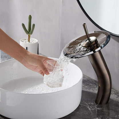 Waterfall Bathroom Faucet Glass Single Handle Solid Brass Basin Lavatory Vessel Sink Vanity Faucet, Tall, Oil Rubbed Bronze …