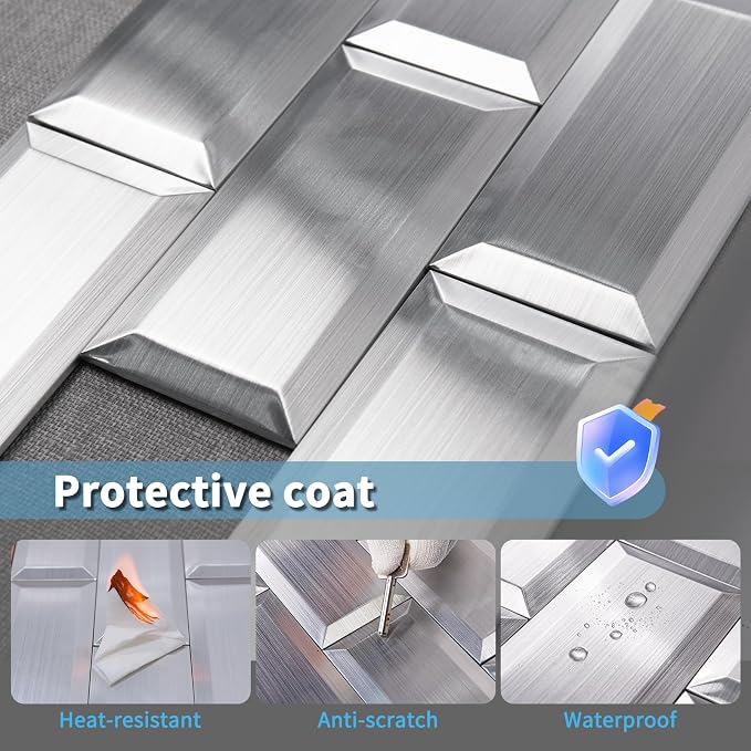 Art3d 100 Pcs Peel and Stick Backsplash Tiles, 3D Textured Metal Stick On Subway Wall Tiles for Kitchen Back Splashes, Bathroom, Laundry Room, 3 x 6 Inch, Stainless (Pack of 2)
