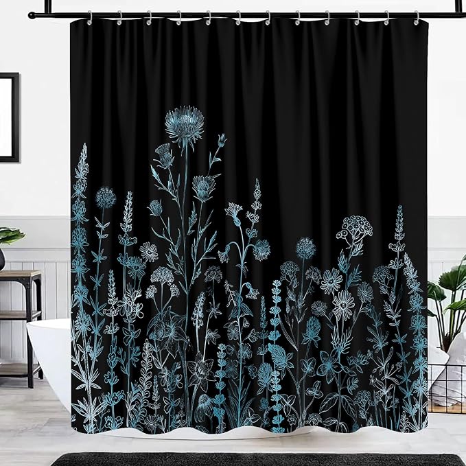 Vintage Black and Blue Boho Shower Curtain, Black and Green Floral Aesthetic Dark Wildflower Botanical Flowers Shower Curtain for Bathroom with Hook, Farmhouse Plant Art Chic Shower Curtain 72X72