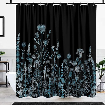 Vintage Black and Blue Boho Shower Curtain, Black and Green Floral Aesthetic Dark Wildflower Botanical Flowers Shower Curtain for Bathroom with Hook, Farmhouse Plant Art Chic Shower Curtain 72X72