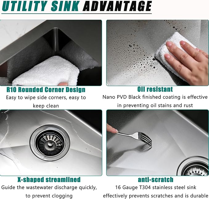Black Drop In Laundry Sink with Faucet Combo, 25"x22"x12" Utility Sink Drop In Stainless Steel Laundry Sink 16 Gauge 12" Deep Single Bowl Kitchen Sinks