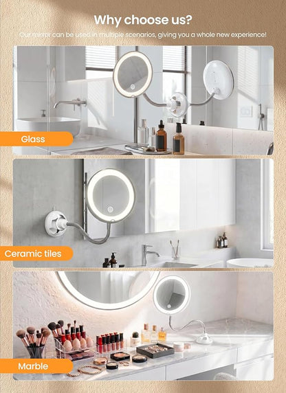 10x Makeup Mirror with Lights, Magnifying Mirror 3 Light Modes Silver | Wall-Mounted Lighted Vanity Makeup Mirror, Cordless Battery Operated LED Mirror with Suction Cups for Shower Bathroom