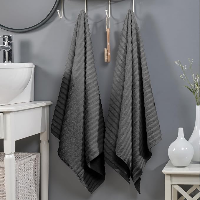Elegant Comfort 100% Turkish Cotton Corduroy Ribbed Luxury Soft 2 Pack Bath Towels 27 x 54 Inch - Ultra Plush, Absorbent, Quick Dry, Hotel Spa Quality Towels for Bathroom Essentials, Gray
