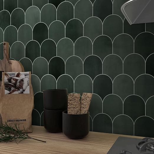 SUNWINGS 10-Sheet Fish Scale Peel and Stick Backsplash Tile, 11.4'' x 10.9" Stone Composite Scallop Handmade Looks Self-Adhesive Wall Tiles for Kitchen Bathroom, Green