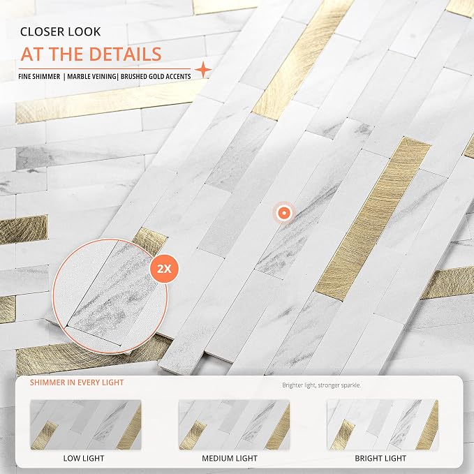 StyloVue 20 Sheets Peel and Stick Backsplash for Kitchen, Sparkle White Marble Look with Gold Metal, Glossy Finish, Stick on Tile for Kitchen Backsplash, RV, Fireplace