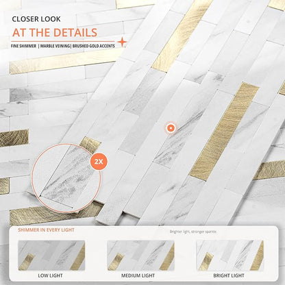 StyloVue 20 Sheets Peel and Stick Backsplash for Kitchen, Sparkle White Marble Look with Gold Metal, Glossy Finish, Stick on Tile for Kitchen Backsplash, RV, Fireplace