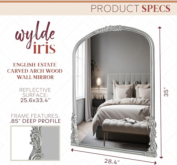English Estate Carved Arch Wood Wall Mirror, Mirror for Entryway, Living Room, Bathroom, Antique Silver, 25.6x33.4
