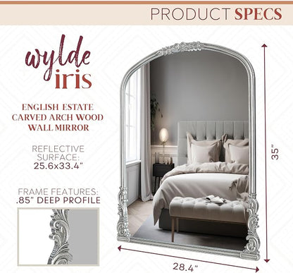 English Estate Carved Arch Wood Wall Mirror, Mirror for Entryway, Living Room, Bathroom, Antique Silver, 25.6x33.4
