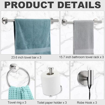 Gisafai 15 Pcs Brushed Nickel Bathroom Accessories Hardware Set Silver Towel Racks for Bathroom SUS304 Stainless Steel 23.6 Inch Brushed Towel Bar Ring Toilet Paper Holder Robe Hooks Wall Mounted