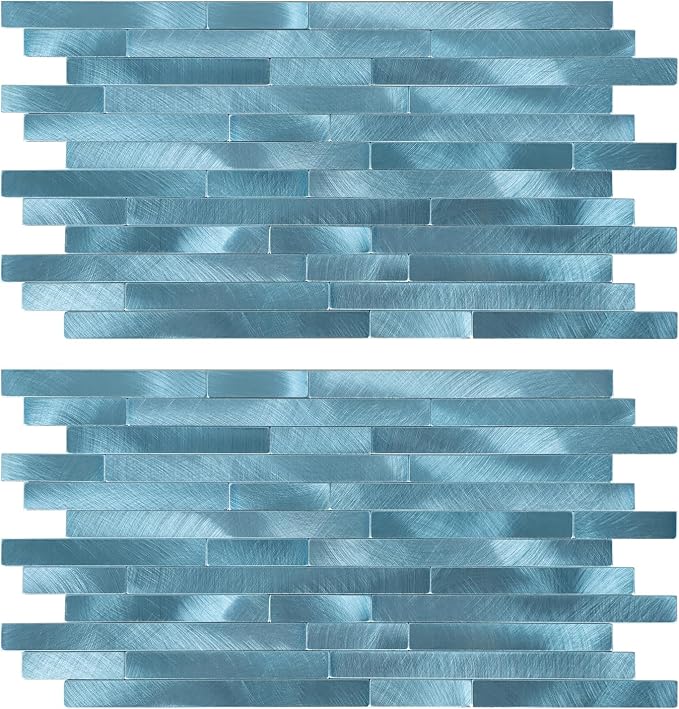 12-Sheet Blue Peel and Stick Backsplash, Brushed Metal Subway Backsplash Linear Tile Stick on Wall Tiles for Kitchen Bathroom Fireplace