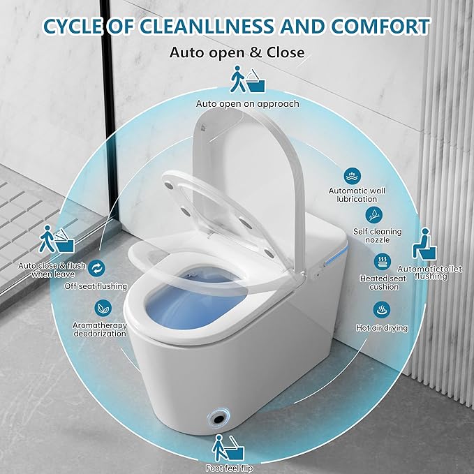 Smart Toilet with Bidet Built In with Warm Water Sprayer and Dryer | Foot Sensor Operation,Heated Seat toilet with LED Display for Bathroom,Auto Dual Flush