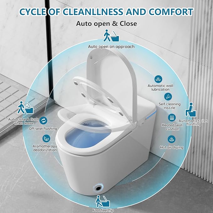 TDH Smart Toilet,One Piece Bidet Toilet for Bathroom,Toilet with LED Display,Foot Sensor & Auto Flush,Warm Water & Dry Function, Bidet Toilet Seat Night Light