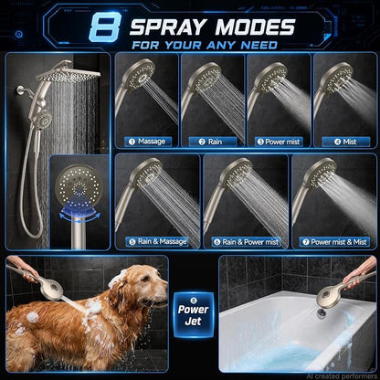 Veken 12" Rain Shower Head with Handheld,High Pressure Power Wash,Magnetic | Starlight,Dual Shower Heads Combo,8-Mode Hand Held Spray with Hose,Double Detachable Rainfall Showerhead,Bathroom Accessories