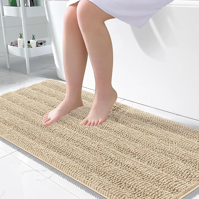 OLANLY Thick Large Bathroom Rugs 50x30, Soft Chenille Bath Rugs, Beige | Absorbent Striped, Rubber Backing, Machine Wash Dry, Bath Mats for Bathroom Floor, Tub and Shower, Home Decor Accessories