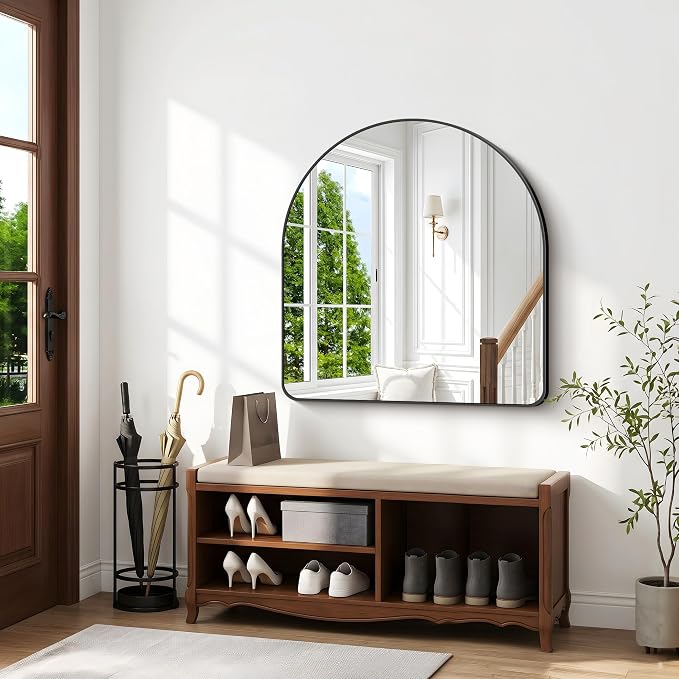 BONEWEI Arched Wall Mirror,42x42 inch Black Arched Mirror Bathroom,Large Vanity Mirror for Over Sink Metal Frame,Tempered Glass Arch Mirrors for Bedroom,Entryway,Living Room,Home Decor Shatter-Proof