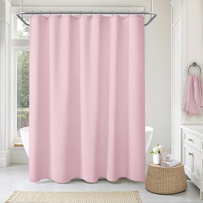 Pink Waffle Weave Shower Curtain - Cotton Fabric Texture Heavyweight Shower Curtain for Bathroom,Washable,72Wx72L