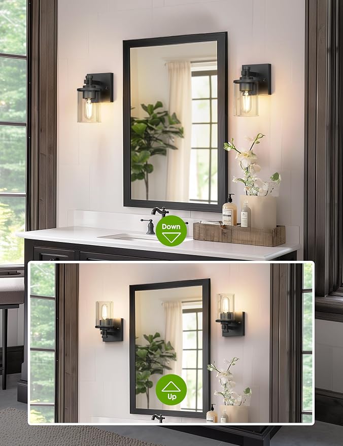 Bathroom Light Fixture, Bathroom Vanity Light Over Mirror, 1-Lights | Vanity Lights for Bathroom, Modern Lighting Fixtures with Clear Glass Shade, Black Vanity Lights, ETL Listed