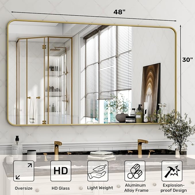 Easly 30 x 48 Inch Bathroom Mirror, Rounded Rectangular Vanity Mirror for Wall, Modern Mirror for Room Decor, Gold Framed Wall-Mounted Mirrors for Home Decor, Hangs Horizontally or Vertically