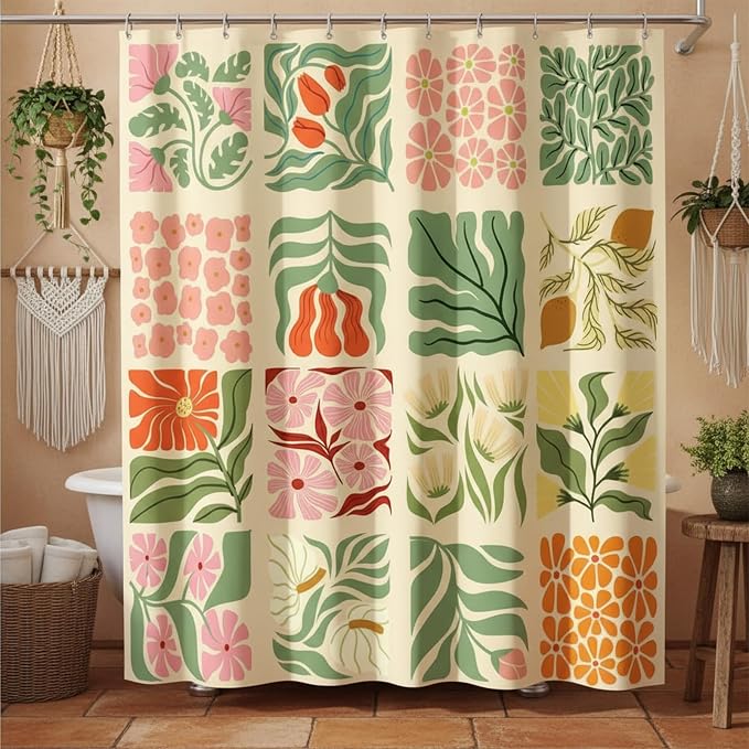 JAWO Retro Shower Curtain Vintage Abstract Boho Floral Shower Curtains for Bathroom Decor Pink Yellow Botanical Geometric Groovy Aesthetic Pattern Shower Curtain Sets with Hooks,70X70IN