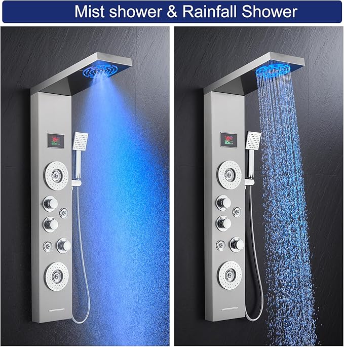 ROVATE LED Shower Panel Tower System with Rainfall and Mist Shower Head, 6-in-1 Shower Panels with Jets and Handheld and Digital Temperature Display, Shower Tower High Pressure with Tub Spout