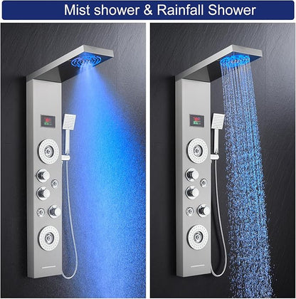 ROVATE LED Shower Panel Tower System with Rainfall and Mist Shower Head, 6-in-1 Shower Panels with Jets and Handheld and Digital Temperature Display, Shower Tower High Pressure with Tub Spout