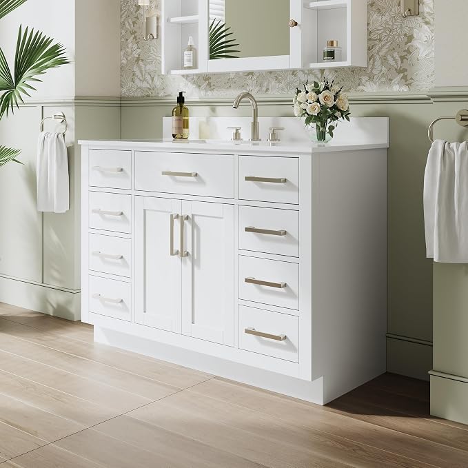 48-Inch Bathroom Vanity with Sink W/ 2 Doors & 8 Drawers & 1 Flip Drawer, White Vanity W/Brushed Nickel Handles