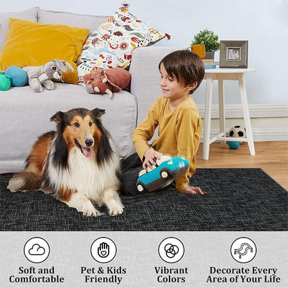 Garvee Modern 5x7 Rugs for Entryway Solid Color Washable Area Rugs, Black | Rubber Backing Neutral Textured Non Shedding Stain Resistant Low Pile Foldable Soft Rug for Bedroom Nursery Living Room