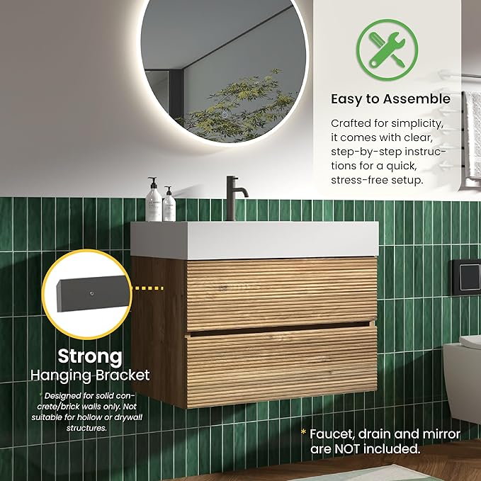 24 Inch Floating Bathroom Vanity with Sink, Modern Floating Bathroom Cabinet with 2 Soft-Closing Drawers, Large Storage for Powder Room, Apartment, Hotel, Rough Oak Finish, Fir Collection
