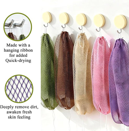Authentic African Net Sponge,2 Pack 45-in Exfoliating Bath Sponge and Shower Loofah for Body and Back,Colorfast Quick-Dry Knotted Mesh Scrubber with Travel Pouch(Slate Blue&Bean Paste Pink)