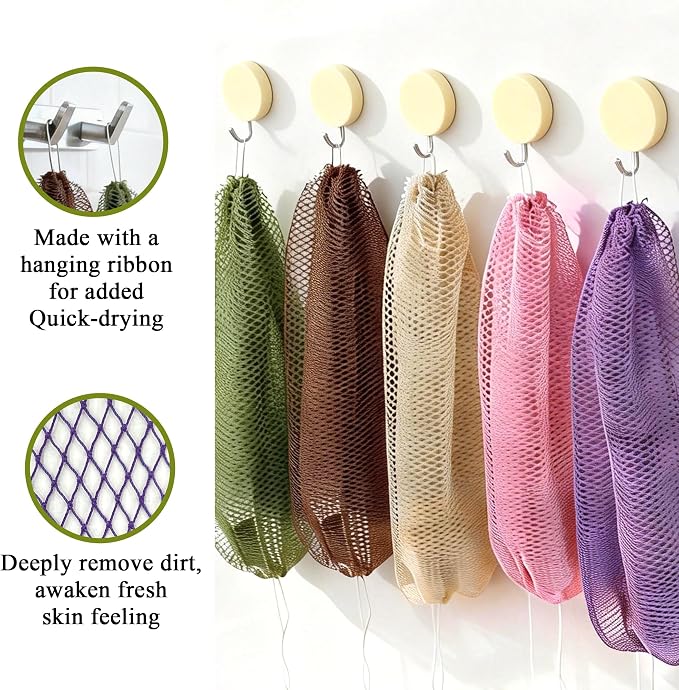 Authentic African Net Sponge, 3 Pack 45-Inch Exfoliating Bath Sponge and Shower Loofah for Body and Back, Colorfast Quick-Dry Knotted Mesh Scrubber with Travel Pouch