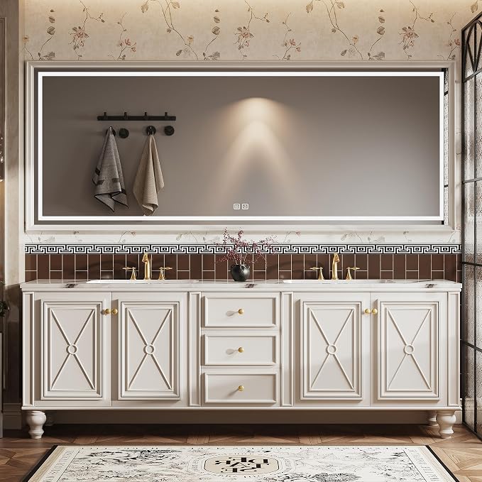 Double Sink Bathroom Vanity, Luxurious Bathroom Vanity with LED Smart Defog Mirror, Solid Freestanding Wood Vanity Sink Cabinet