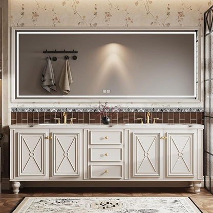 Double Sink Bathroom Vanity, Luxurious Bathroom Vanity with LED Smart Defog Mirror, Solid Freestanding Wood Vanity Sink Cabinet