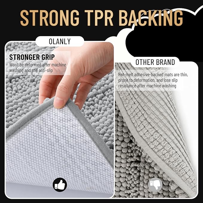 OLANLY Thick Bathroom Runner Rugs 47x24, Chenille Bath Rugs, Light Grey | Absorbent Striped, Rubber Backing, Machine Wash, Long Bath Mats for Bathroom Floor, Tub and Shower, Home Decor Accessories