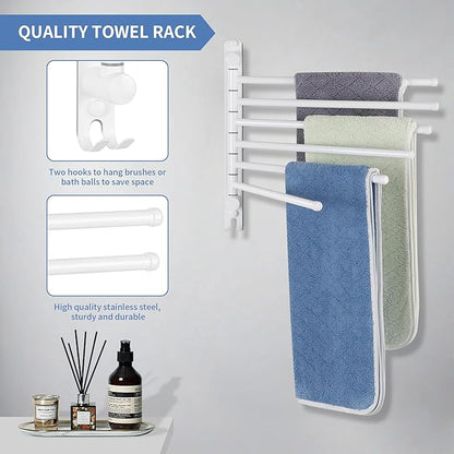 Swivel Towel Rack, 12.6 Inch Towel Bar with Wall Mounted 180° Rotation, 6 Arms Towel Hanger SUS 304 Stainless Steel, Space Saving for Kitchen, Bathroom, Outdoor, White