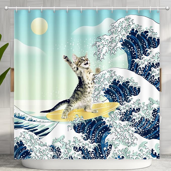 Funny Cat Shower Curtain, Surfer Cat Shower Curtain Battle Blue Ocean Great Wave for Bathroom with 12 Hooks, Polyester Fabric Summer Shower Curtains Set Waterproof Kids Bath ShowerCurtain Decorative