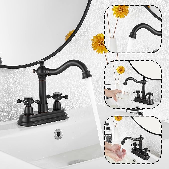 Bathroom Faucet Oil Rubbed Bronze GGStudy 2 Handles 4 Inches Centerset Bathroom Vanity with Drain Assembly and Supply Hose Lavatory Mixer Double Handle Tap