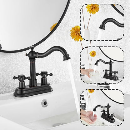 Bathroom Faucet Oil Rubbed Bronze GGStudy 2 Handles 4 Inches Centerset Bathroom Vanity with Drain Assembly and Supply Hose Lavatory Mixer Double Handle Tap
