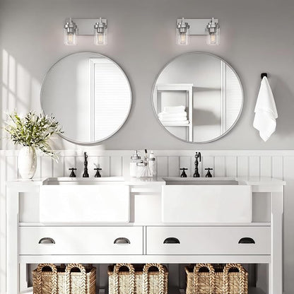 Bathroom Vanity Fixtures, 2 Light Matte Nickel Vanity Light with Clear Glass Shade, 15in Farmhouse wall Light, Lighting Fixture Over Mirror for Bathroom