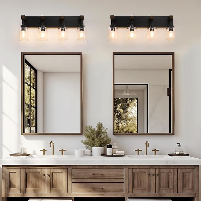 Farmhouse Bathroom Light Fixtures, 5 Light Black Vanity Light, Industrial Style with Clear Glass Shades, Wood Bathroom Lighting Fixtures Over Mirror for Bedroom, Living Room