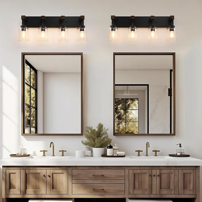 Farmhouse Bathroom Light Fixtures, 5 Light Black Vanity Light, Industrial Style with Clear Glass Shades, Wood Bathroom Lighting Fixtures Over Mirror for Bedroom, Living Room