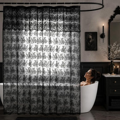 TUDECO Black Boho Lace Shower Curtain with Attached Valance, 72''W x 84''L | Whimsigoth, Extra Long, Dark Bathroom Curtain, Cool Victorian, Halloween Decor, Scalloped Edges, Reinforced Holes