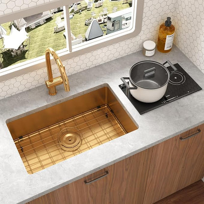 Kitsitchen Gold RV Kitchen Sink,16 Gauge T304 Stainless Steel Undermount Kitchen Sinks with Strainers & Bottom Gird, 23" x 16" x 7" Single Bowl Drop In Kitchen Sink for RV, Outdoor,Bathroom,Camper