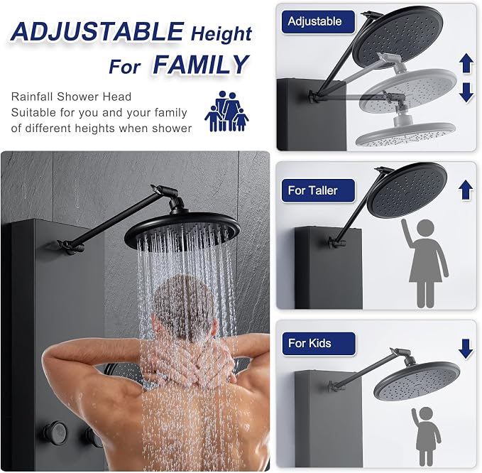 ROVATE Shower Panel Tower System with Adjustable 6 Body Jets, Matte Black | Stainless Steel Shower Column with Height Adjustable Shower Arm, Self-Cleaning Rainfall Shower & Handheld, Rough-in Valve