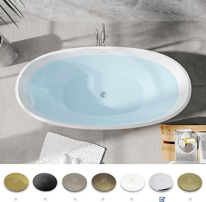 FerdY Koh Samui 65" Acrylic Freestanding Bathtub, Oval Contemporary Soaking Bathtub, Glossy White, cUPC Certified, Toe-Tap Chrome Drain & Overflow Assembly Included