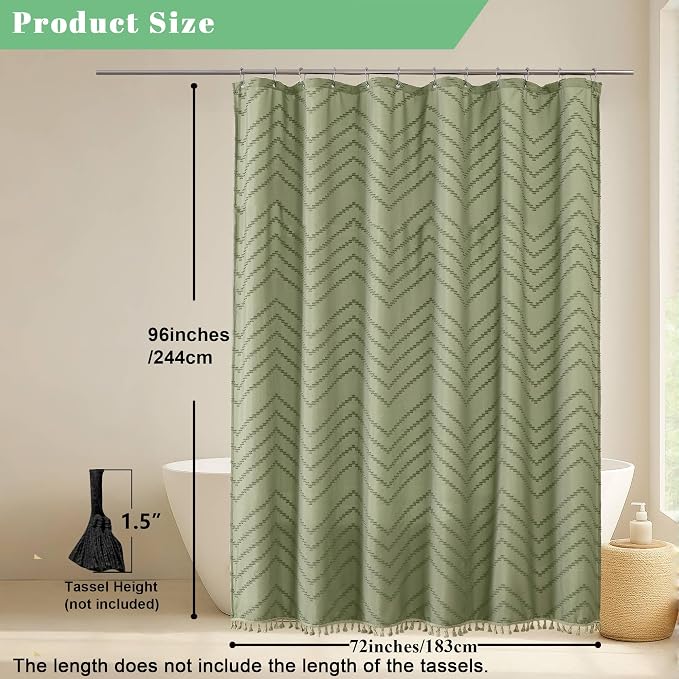 Extra Long Light Green Boho Shower Curtain, Chic Tufted Chevron Striped Textured Cloth Fabric Shower Curtains with Tassel for Bathroom, Soft Hotel Style Farmhouse, Machine Washable, 72x96