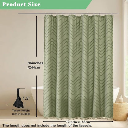 Extra Long Light Green Boho Shower Curtain, Chic Tufted Chevron Striped Textured Cloth Fabric Shower Curtains with Tassel for Bathroom, Soft Hotel Style Farmhouse, Machine Washable, 72x96
